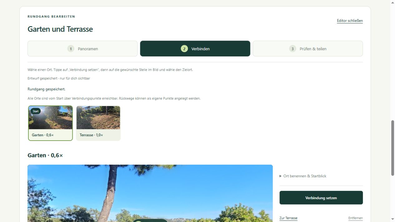 Orte verbinden. Einen Rundgang aufbauen. · Echte App-Ansicht mit Beispielaufnahmen · Oberfläche auf Deutsch